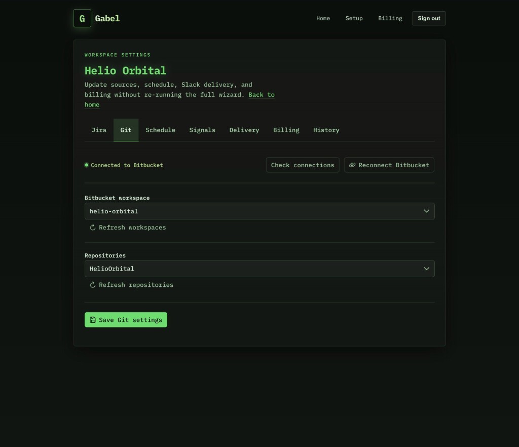 Gabel workspace settings: Git tab connected to Bitbucket with workspace and repository selection.