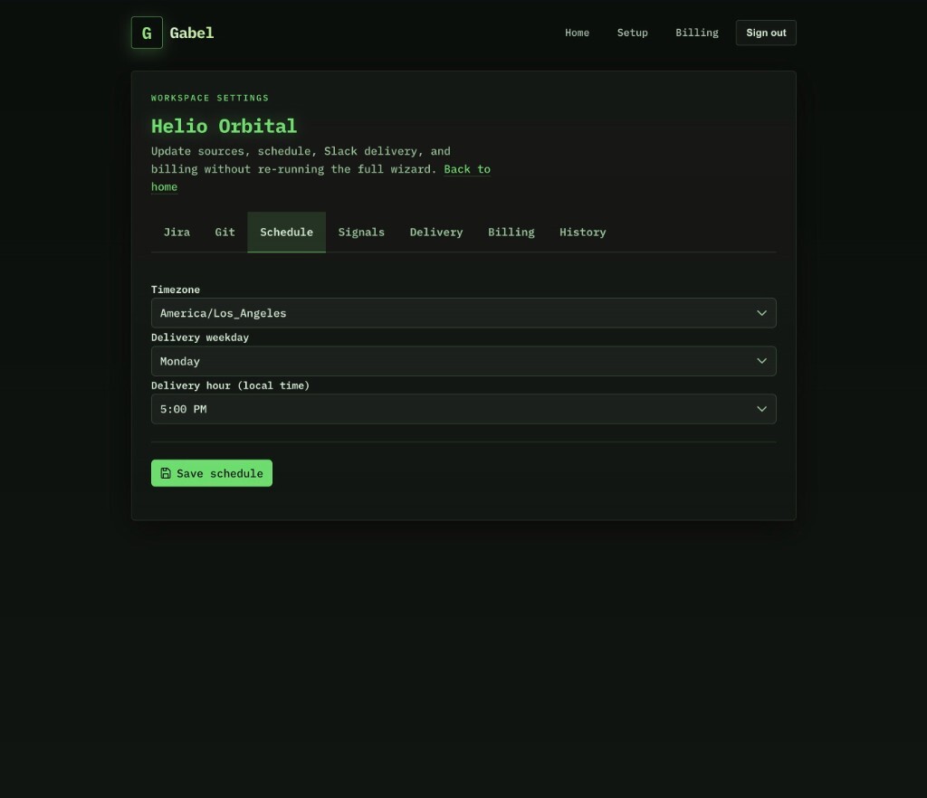 Gabel workspace settings: Schedule tab with timezone, delivery weekday, and delivery hour.