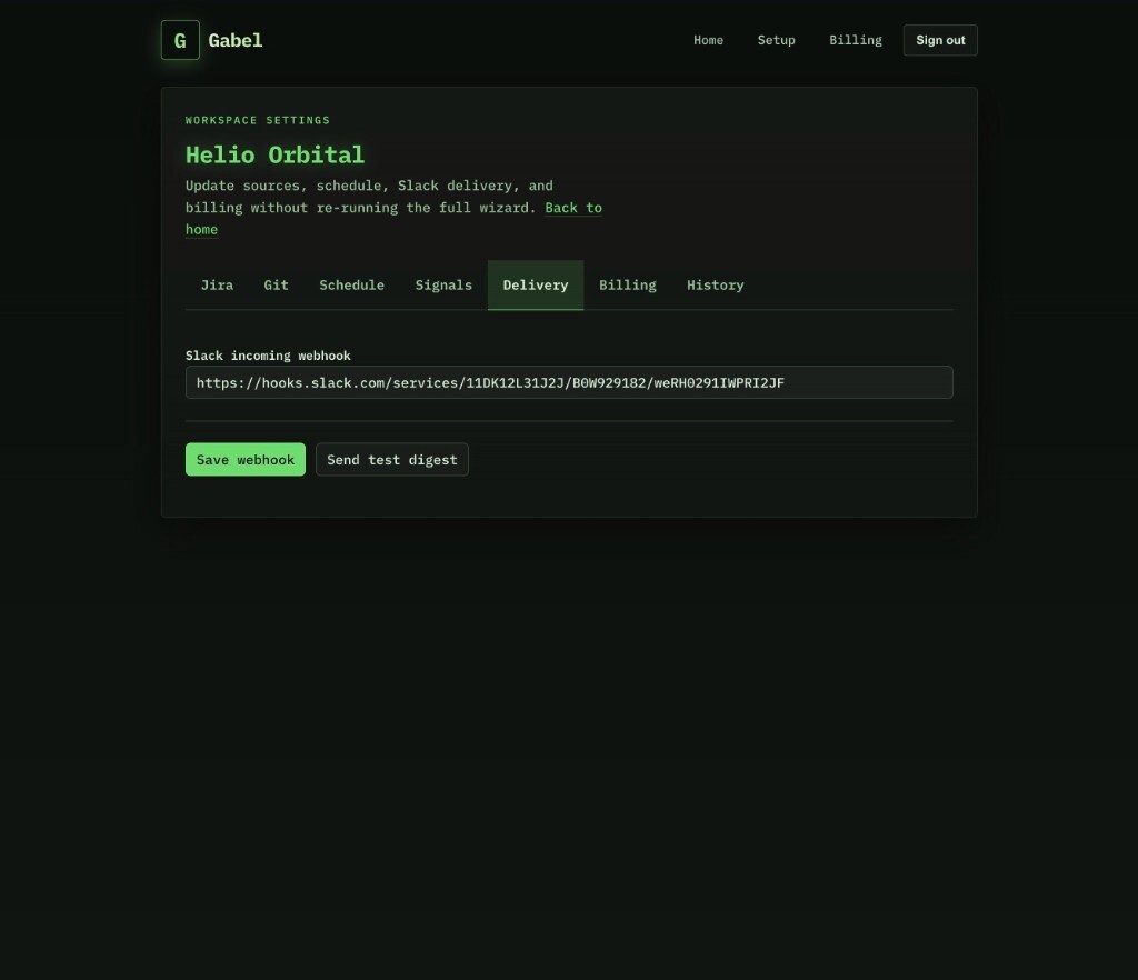 Gabel workspace settings: Delivery tab with Slack webhook field and send test digest action.