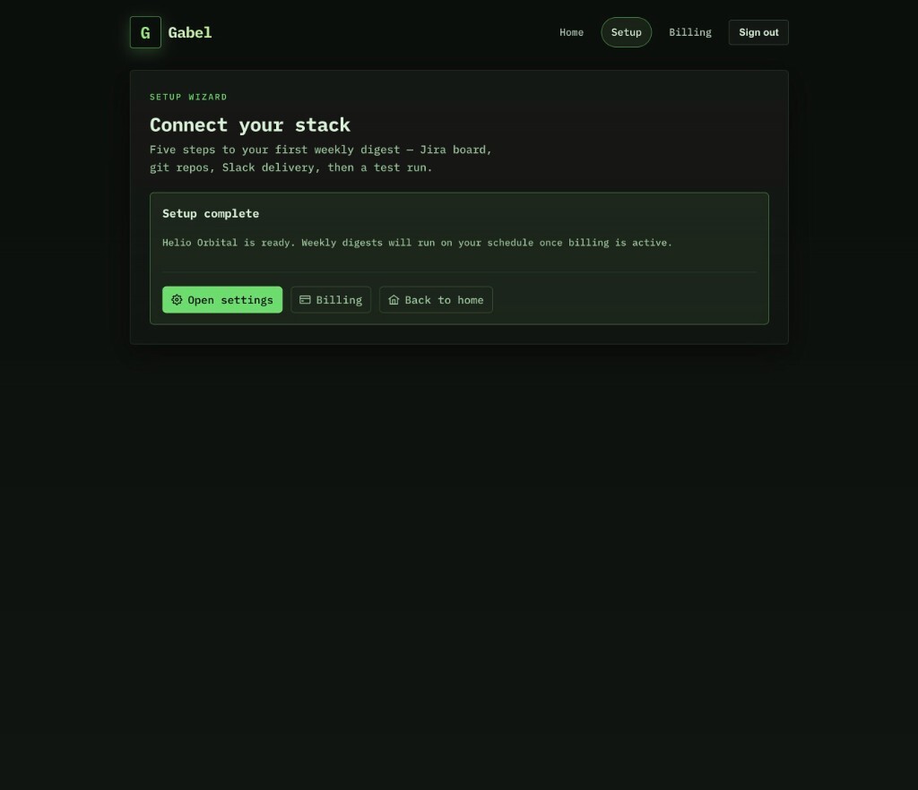 Gabel setup wizard complete screen for Helio Orbital with links to settings, billing, and home.